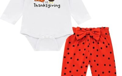 Thanksgiving Baby Girl Outfit: Romper & Polka Dot Pants Set with Headband