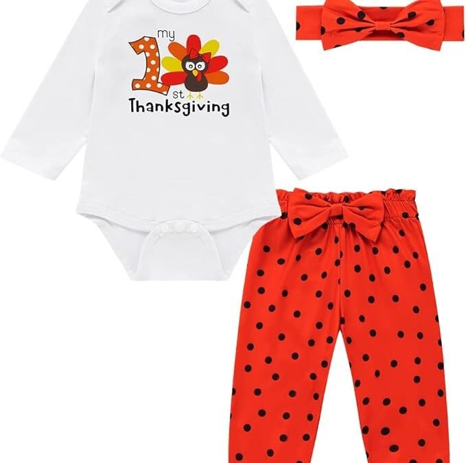 Thanksgiving Baby Girl Outfit: Romper & Polka Dot Pants Set with Headband