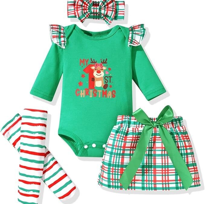 Fioukiay Baby Girl’s First Christmas Outfit: 4-Piece Set